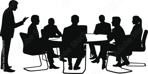 Business meeting silhouette vector illustration, corporate team discussion at conference table with presenter and professionals in office environment