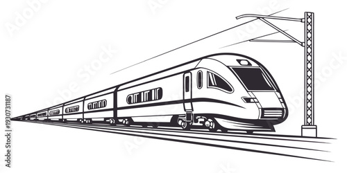 A sleek, modern high-speed train traveling on a track with overhead power lines.