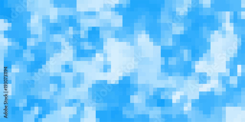 Abstract pixelated blue and white cloud formation pattern with a digital mosaic effect for modern backgrounds and design
