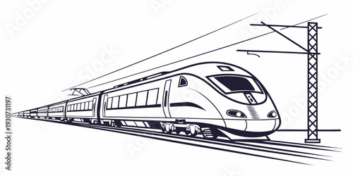 A sleek, modern train traveling at high speed through a scenic landscape.