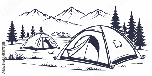 Camping tents set up in a serene mountain landscape with pine trees