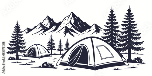 A serene campsite nestled in a mountainous forest with tents and a scenic backdrop
