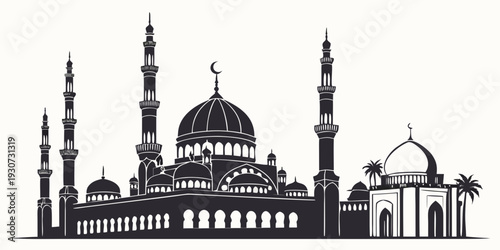 Intricate silhouette of a mosque with minarets and domes against a clear sky