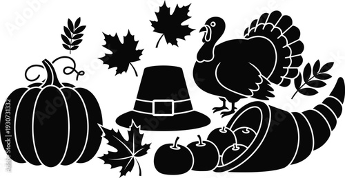 Black silhouette of a pumpkin, hat, turkey, and cornucopia