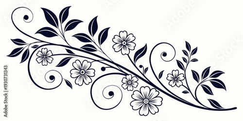 Intricate black and white floral design with swirling vines and delicate flowers