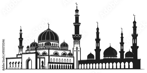 Silhouette of a majestic mosque with intricate architectural details and minarets.