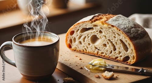 hot coffee and a delicious slice of bread