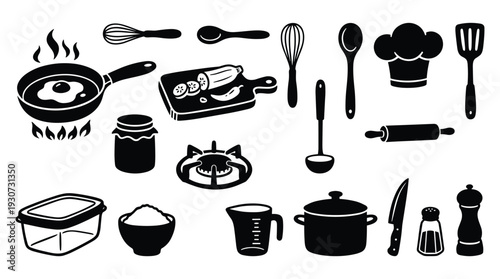Kitchen utensils and cooking tools set vector solid fill silhouette illustration design