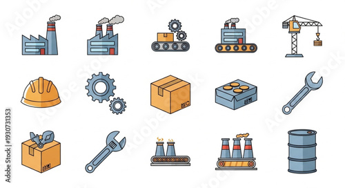 Industrial Equipment Icons Set Illustration.