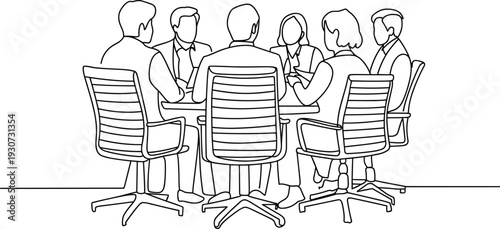 Business team meeting outline vector illustration, corporate office workers discussion at conference table collaboration concept isolated design