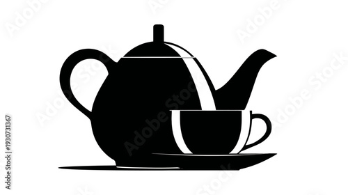 Silhouetted black illustration of a teapot with handle, spout, cup, saucer. Tea time design