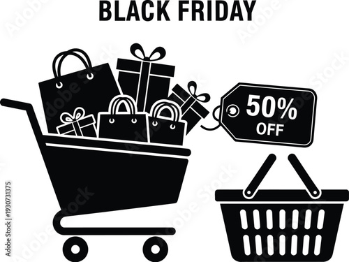 Black friday shopping cart with gifts and 50 percent off tag