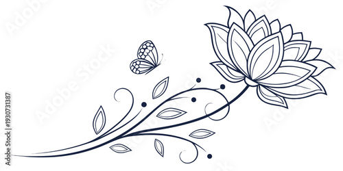 A delicate line drawing of a lotus flower with a butterfly and leaves