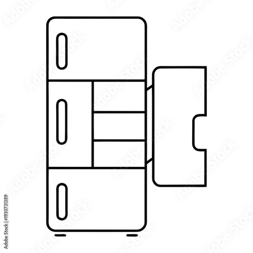 A vertical household refrigerator and freezer unit with a small additional storage box on the side, representing kitchen appliances.