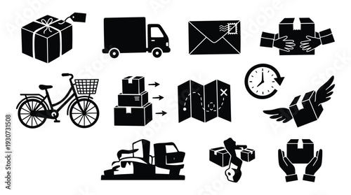 Parcel delivery service icon set vector solid fill silhouette illustration design