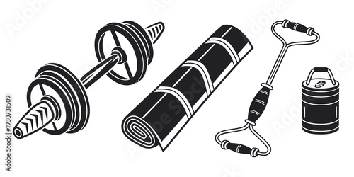 A variety of gym equipment including dumbbells, a barbell, and a kettlebell