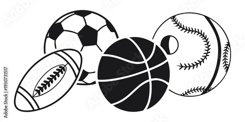 A collection of various sports balls including a soccer ball, rugby ball, basketball, and baseball.