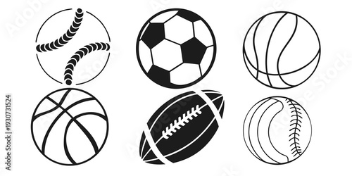 A collection of six different sports balls in black and white line art
