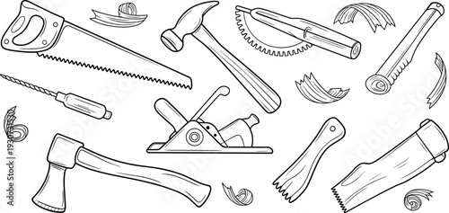 Carpentry and woodworking tools set, hand saw hammer axe plane and drill, hand drawn outline vector illustration isolated on light background