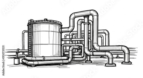 Industrial Equipment with Pipes and Tank.