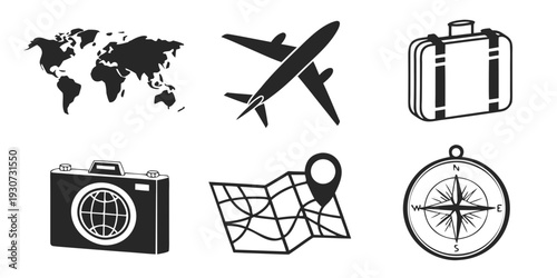 Collection of travel and exploration icons representing various aspects of journeying.