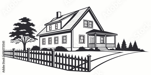 A charming two-story house with a white picket fence and a large tree in the front yard