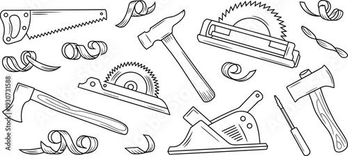 Carpentry tools set with saw hammer axe plane screwdriver wood shavings, woodworking equipment outline vector illustration isolated on light background