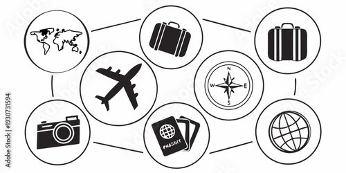 Travel icons representing various aspects of journey and adventure planning