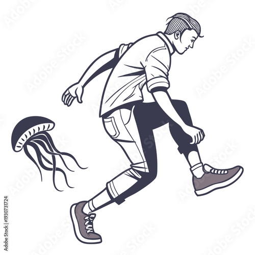 A person running on a beach while being chased by a large jellyfish.