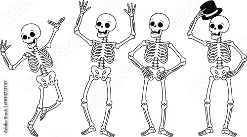 Cartoon skeleton character set in different poses, funny dancing skull with top hat, hand drawn vintage engraving style vector illustration