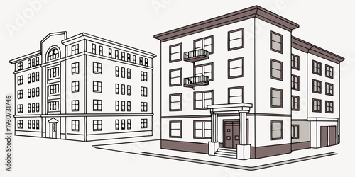 A detailed sketch of a large, multi-story apartment building with numerous windows