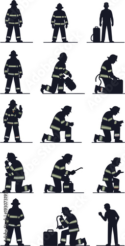 Firefighter, team, with, fire, truck, and, emergency, rescue, worker, silhouettes, set, isolated, on, white, background, professional, first, responders, equipment, department, illustration, collectio