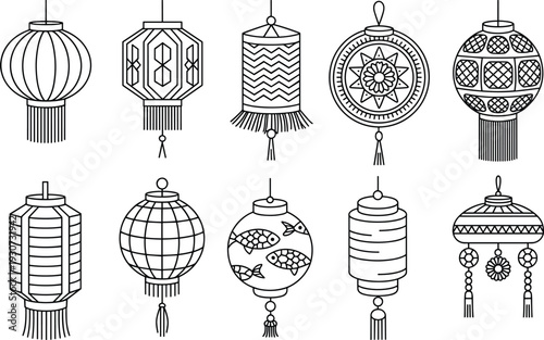 Chinese lantern outline set vector illustration, traditional hanging paper lamps decorative Asian festival collection