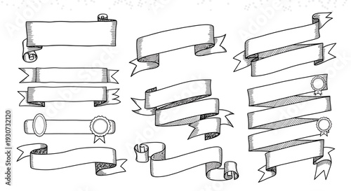 Collection of Hand Drawn Banner and Ribbon Illustrations.