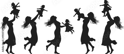 Happy Mother Holding Baby Silhouette Set, Joyful Mom Lifting Child, Family Love Vector, Parenting Moments, Motherhood Celebration, Emotional Connection, Black White Graphics
