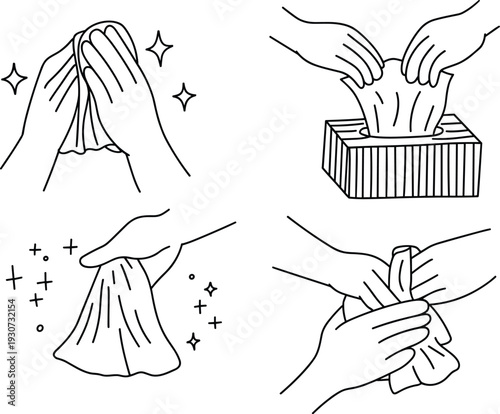 Cleaning hands with wet wipes outline vector set, hygiene and disinfection illustration collection isolated on white background
