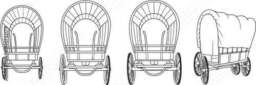 Classic prairie wagon evolution set front and perspective views, vintage covered horse drawn carriage outline vector illustration isolated on light background