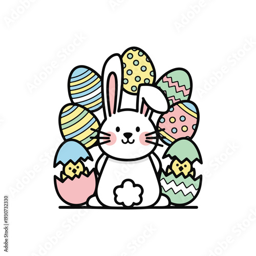 Adorable cartoon Easter bunny surrounded by brightly colored, patterned eggs and newly hatched chicks in pastel shells, perfect for springtime celebrations.
