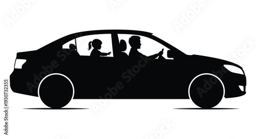 A family of four is traveling in a modern car depicted as a striking black silhouette high quality professional detailed elegant