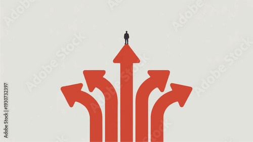 A minimalist illustration of a red directional arrow sign with multiple branches, set against a plain white background (2)_traced