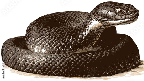 A detailed illustration of a coiled reptile with scales, head raised, and white background