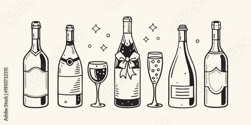 Elegant line art illustration of champagne bottles wine glasses and sparkles