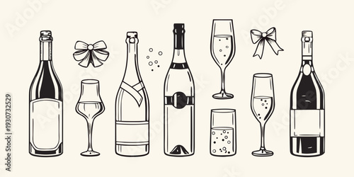 A collection of champagne bottles flutes and celebratory bows in sketch style
