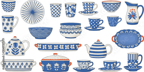 Blue and white ceramic tableware collection flat vector illustration with teapot cups plates bowls and decorative floral patterns