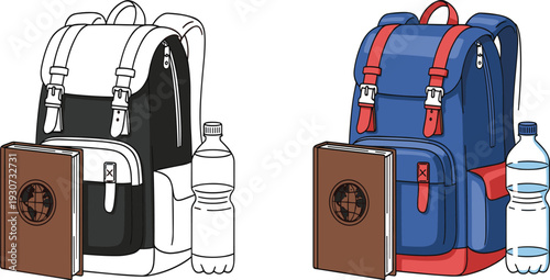 School Backpack with Book and Water Bottle Vector Illustration Set in Black and Blue Color Student Education Supply Design.