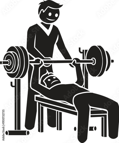 Gym Workout Vector, Bench Press Exercise with Spotter and Weightlifting Equipment