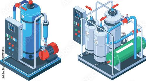 Isometric, industrial, water, filtration, system, set, with, purification, tanks, control, panels, and, pumps, for, utility, management, isolated, on, white, background, vector, illustration