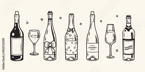 Elegant line art illustration of champagne bottles glasses and stars