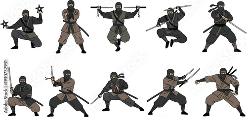 Japanese, ninja, warrior, set, holding, katana, sword, throwing, stars, shuriken, martial, arts, character, illustration, collection, isolated, on, white, background, assassin, stealth, fighter