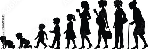 Female life stages silhouette vector illustration, baby to elderly woman aging progression timeline isolated black figures